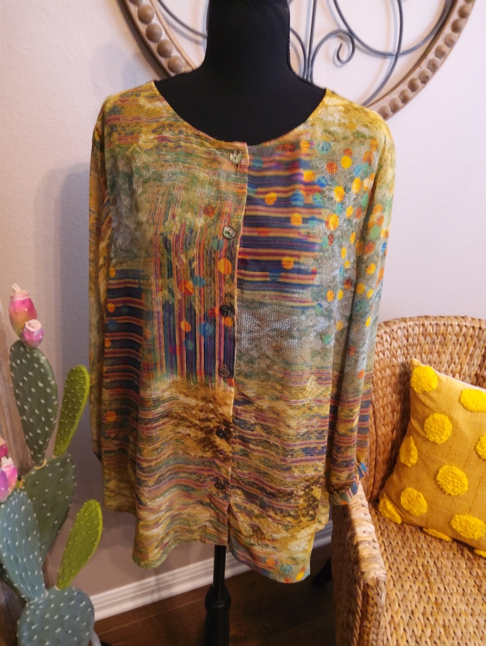 Women's Multicolor Abstract Button-Front Top in Yellow and Green